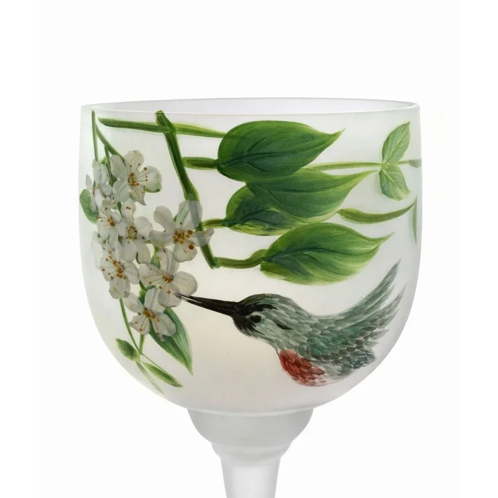 Two Frosted Hand Painted Floral Hummingbird Wine Glasses/Candle Holder 12oz 8